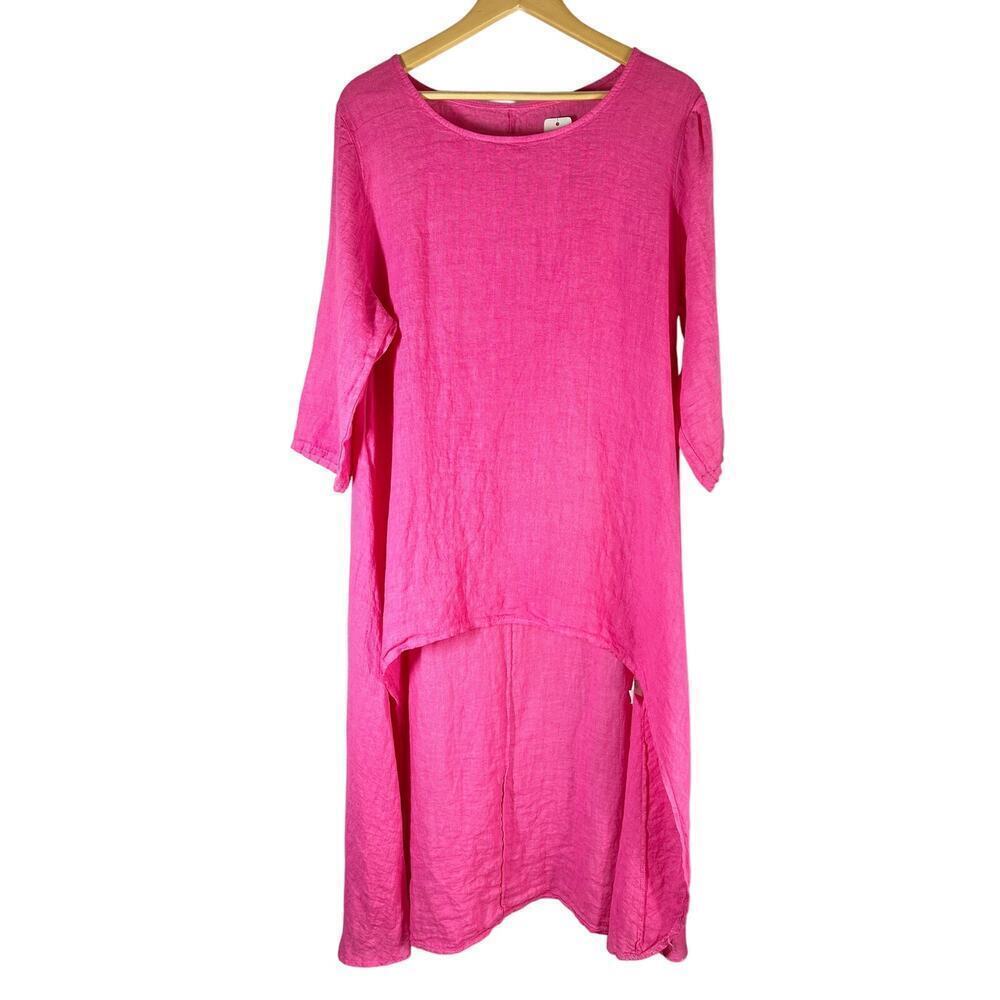 PuroLino 100% Linen Flax Lagenlook Dress Pink Large